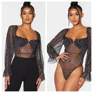 PrettyLittleThing Black Mesh Polka Dot Milkmaid Puff Long Sleeve Bodysuit
